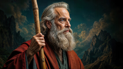 Elderly man with a staff gazing thoughtfully at mountain landscape