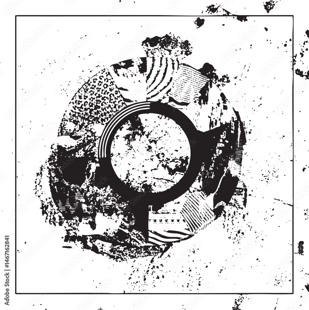 Poster a circular arrangement of textured monochrome shapes creates a complex visual .