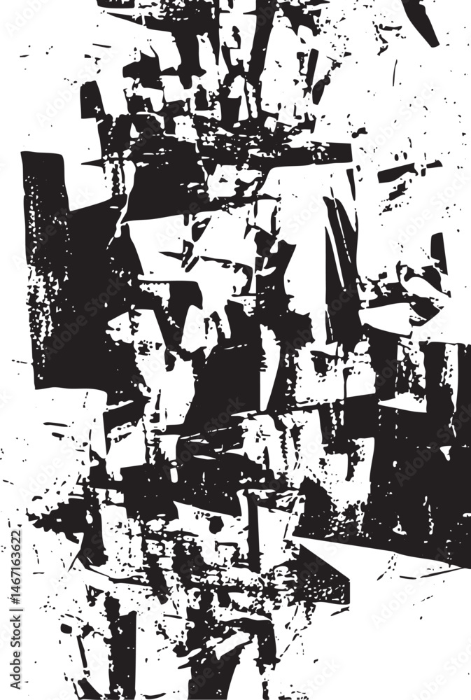 Poster fragmented black and white shapes create a dynamic abstract composition.