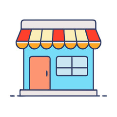 Illustration of a cute storefront shop building with awning door and window for business