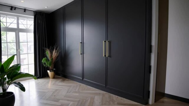 Smooth transition of modern minimalist living room to balcony with elegant black doors