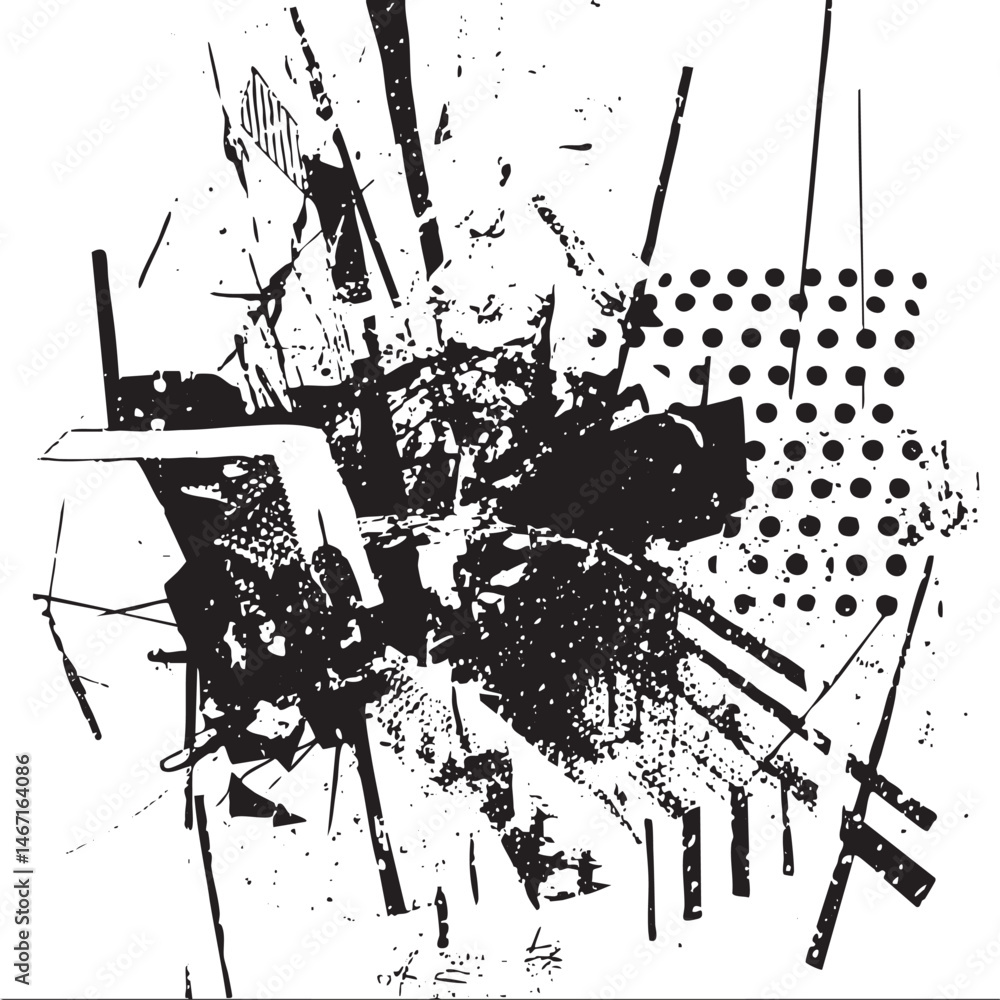Poster a chaotic arrangement of fragmented lines and scattered shapes creates a dynamic abstract compositio