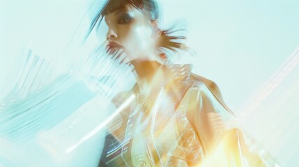 Female fashion model portrait with rainbow prism holographic light effects background creating motion blur and dreamy atmosphere