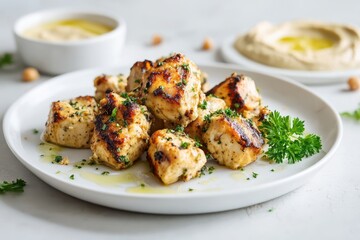 A plate of bite-sized grilled chicken pieces, golden and slightly charred, served with a small dish of creamy hummus. 