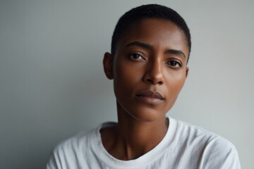 Fototapeta premium portrait of diverse individual with solemn expression photographed against simple clean background