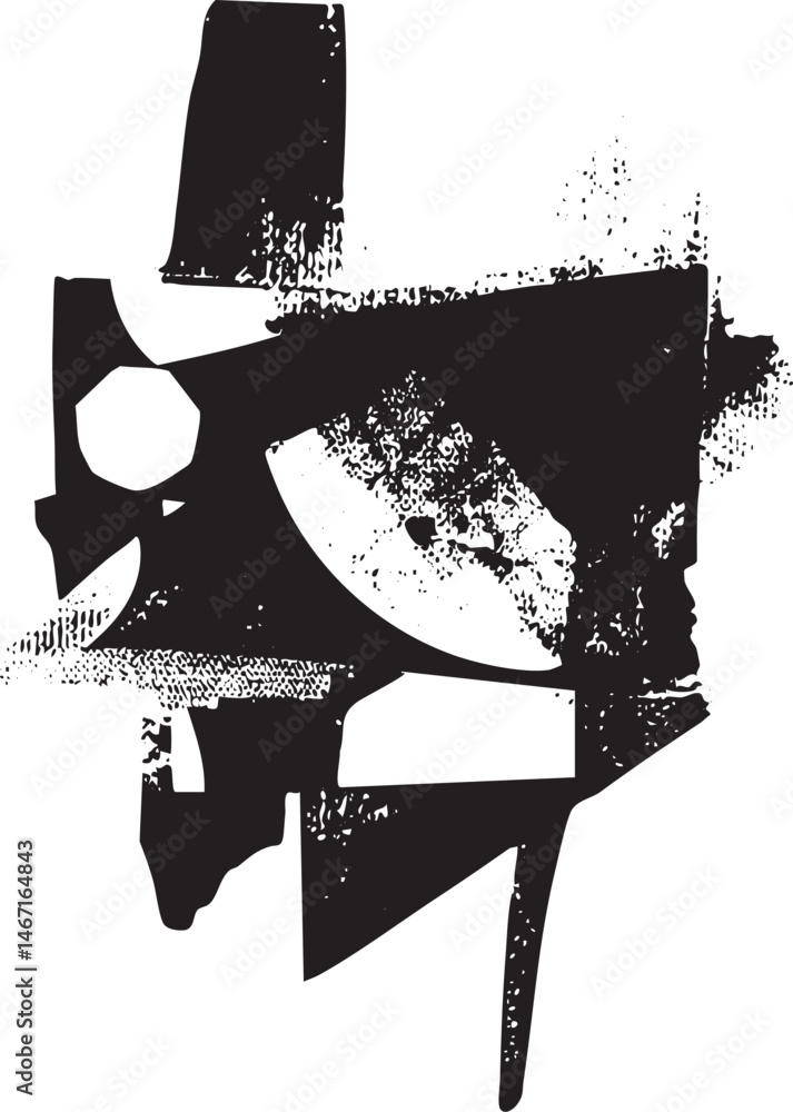 Poster abstract black and white shapes overlap and blend dynamically.
