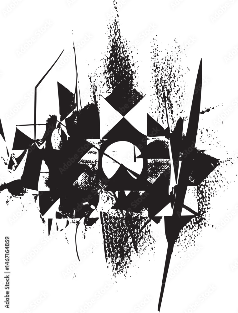 Poster abstract geometric shapes explode in a dynamic black and white composition.