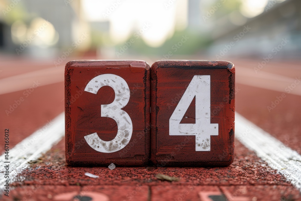 Poster close-up of weathered track blocks showing numbers 34 and 34.