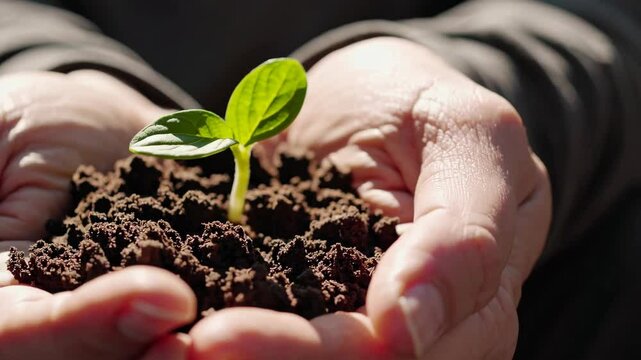 Nurturing new life: hands cradling a growing seedling in morning light
