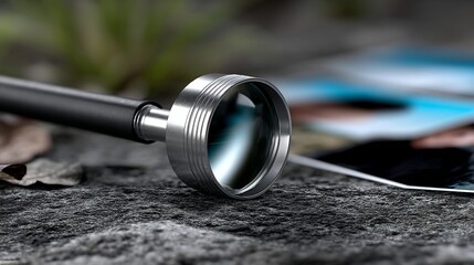 Magnifying glass on a rock, with photos