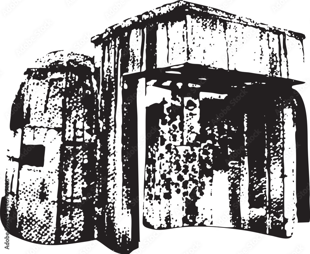 Poster two weathered wooden structures stand adjacent to each other creating a stark contrast against a sim