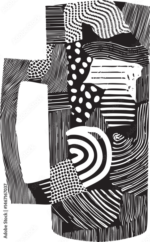 Poster a dynamic black and white abstract composition features layered geometric shapes and .