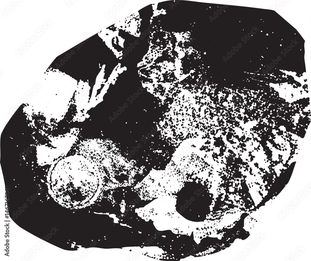 Poster a fragmented monochrome depicts a large irregular shape resembling a skull.