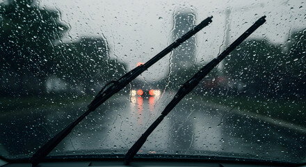Rainy Commute Through City Streets with Car Windshield View