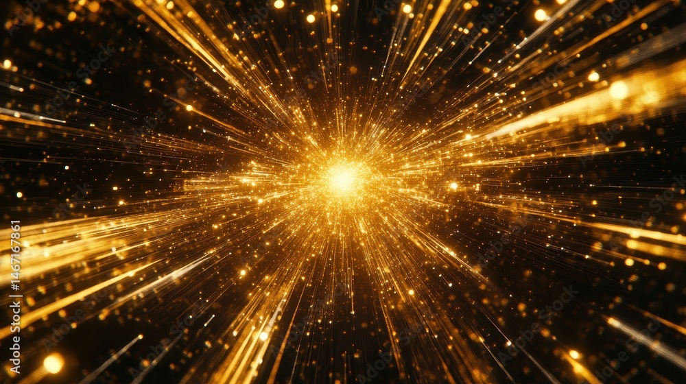 Poster golden particles exploding in the dark, creating a cosmic, bright effect. great for representing inn