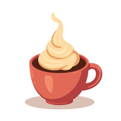 Stylized coffee mug with cream swirl on white background, with copy space