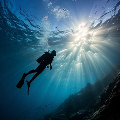 a scuba diver in the ocean with sunlight shining through the water