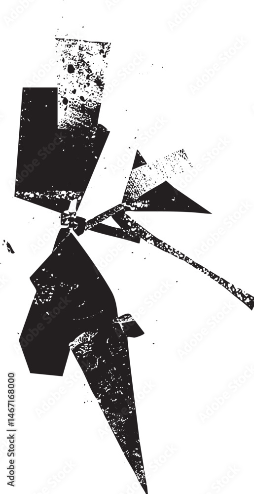 Poster a fragmented geometric figure dominates the with sharp angles and a distressed texture.