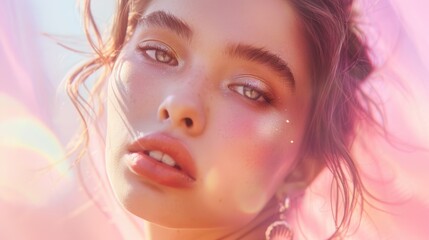 Naklejka premium Ethereal trendy fashion beauty female model portrait with freckles and glitter makeup in warm light background