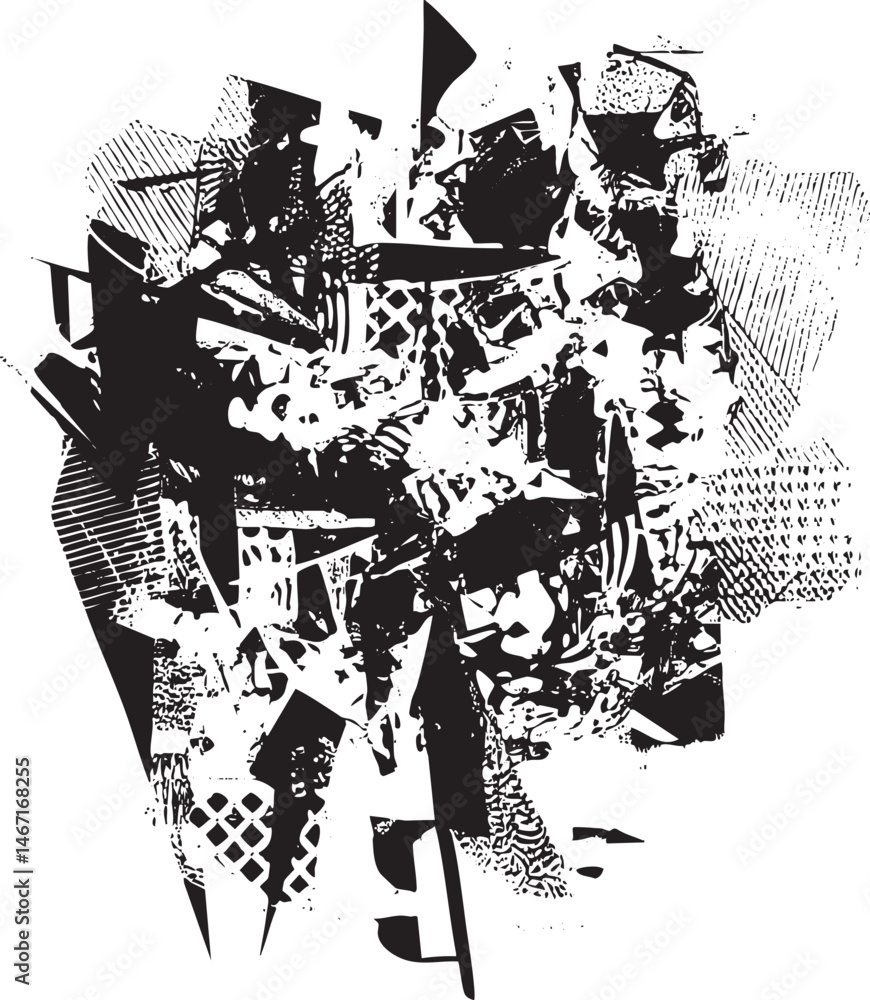 Poster fragmented black and white abstract shapes create a dynamic composition.