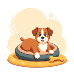 Fototapeta premium Cartoon dog resting in pet bed, with copy space