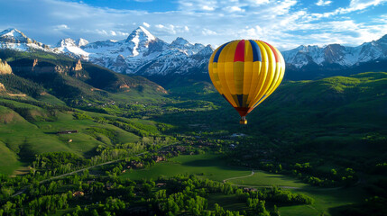 Naklejka premium A yellow hot air balloon with red and blue stripes, flying over a green valley below, with snow-capped mountains in the background.