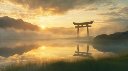 Torii Gate Standing Alone in a Misty Valley