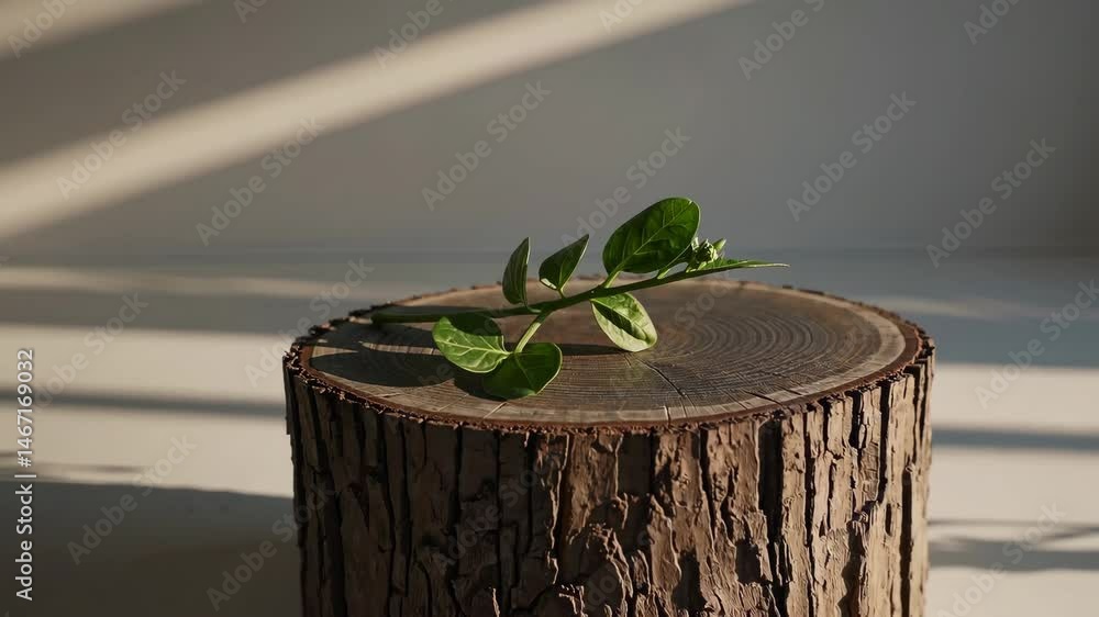 Poster leafy branch on tree stump with sunlit shadows casting dynamic patterns