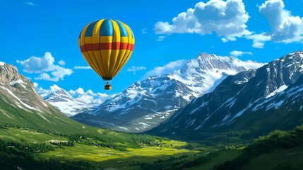 Fototapeta premium A yellow hot air balloon with red and blue stripes, flying over a green valley below, with snow-capped mountains in the background.