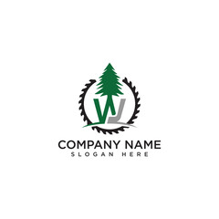 WJ letter with pine tree and sawmill logo design symbol