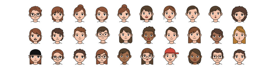 Set of male and female avatar icons. Vector flat illustrations of diverse user profile pictures. Perfect for websites, mobile apps, social media, and presentations.