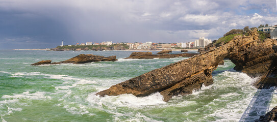 Beautiful view of the coast of Biarritz in a stormy day (French Basque Country)