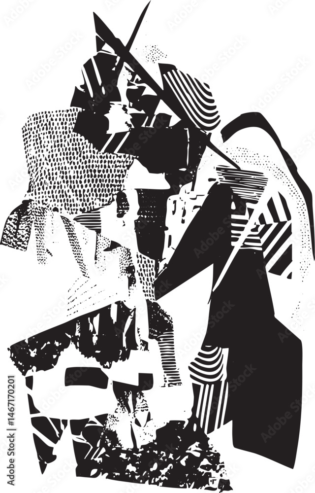 Poster abstract black and white figures engage in a dynamic fragmented interaction.