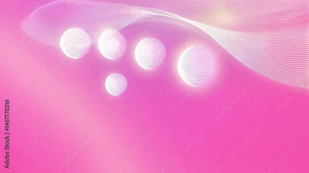 Poster a soft pink background with three white spheres scattered throughout. the spheres are positioned in 