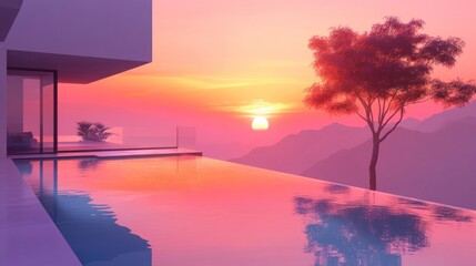 Modern house infinity pool sunset.