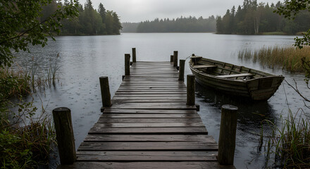 Naklejka premium Moody Lake Scene Featuring Wooden Dock And Lone Rowboat Amidst Falling Rain