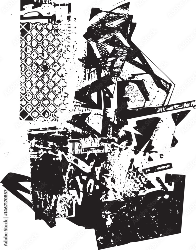 Poster a stark black and white abstract composition features fragmented geometric shapes overlapping a grid