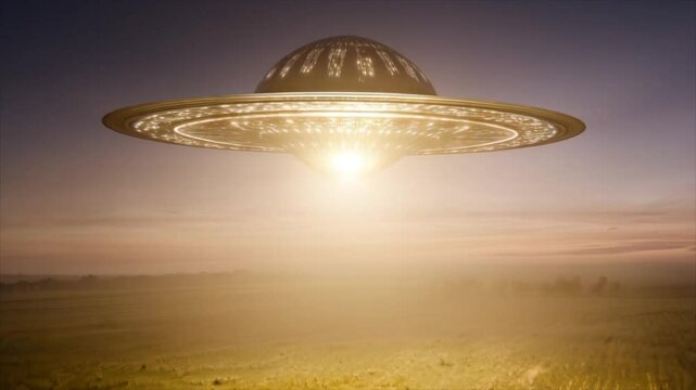 A glowing alien flying saucer flies over a field or meadow