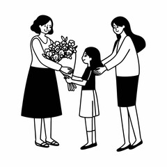 Portrait of three generations of women, mom, grandma and granddaughter celebrating event. Girl with mother congratulating grandmother on birthday, March 8 or Mother's Day handing gifts and flowers