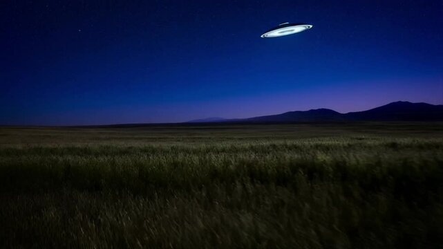 Fast moving unidentified alien flying saucer flies across night blue sky over grassy field or meadow