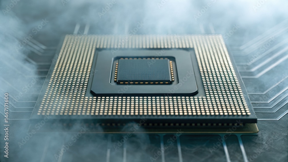 Poster futuristic microchip surrounded by mist, symbolizing advanced technology and innovation.