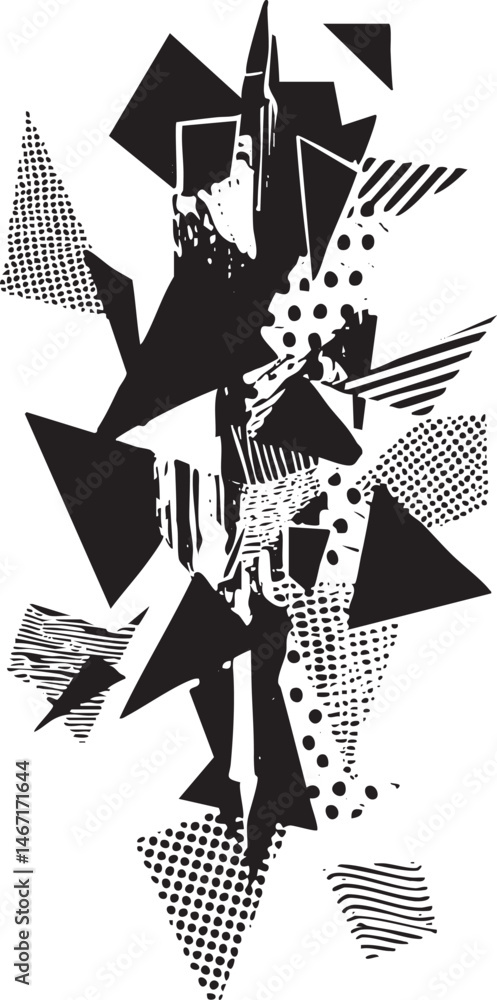 Poster geometric shapes overlap and intersect on a black and white background.