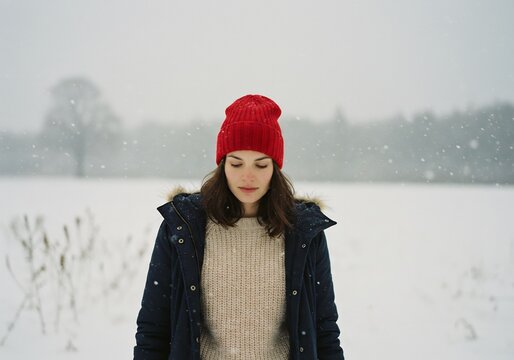 Femme bonnet rouge neige douce lumi&egrave;re hivernale