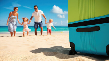 Close up of colorful suitcase on sandy beach with happy family in background, enjoying sunny day by sea. sky is clear and blue, adding to joyful atmosphere