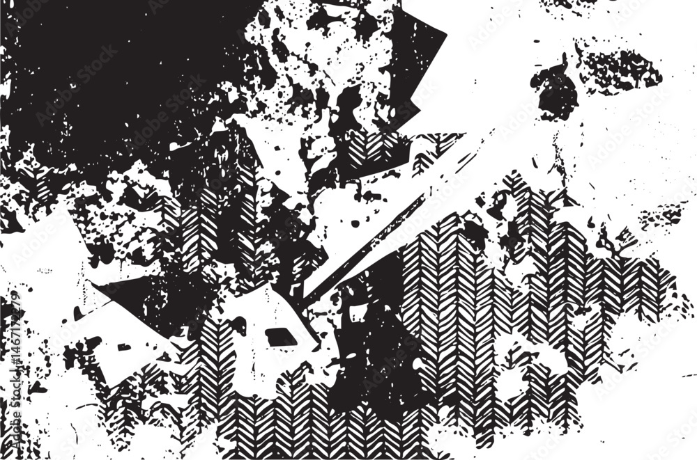 Poster abstract geometric shapes merge and overlap in a textured black and white composition.
