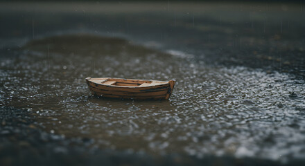 Miniature Boat Adrift On Rain Puddle Reflecting Melancholy And Childlike Wonder