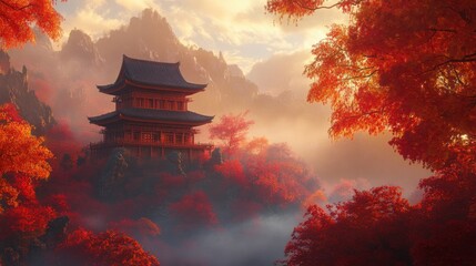 Obraz premium Zen Temple Surrounded by Vibrant Autumn Leaves
