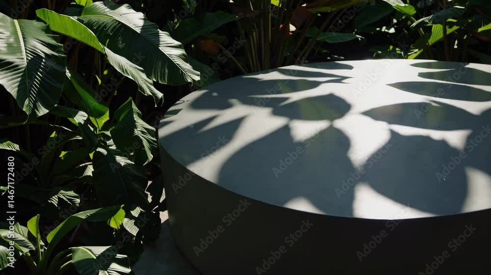Poster sunlight patterns on lush green leaves and curved surface with shadow play