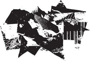 Obraz premium Fragmented black shapes overlap on a white background.