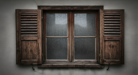Obraz premium Rustic Window With Rain Splattered Panes And Weathered Wooden Shutters
